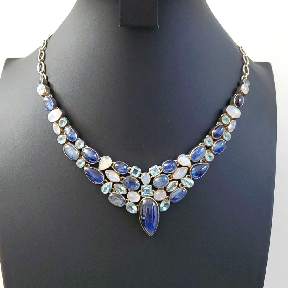 Heavy Sterling Silver 925 Kyanite, Blue Topaz and Moonstone Necklace